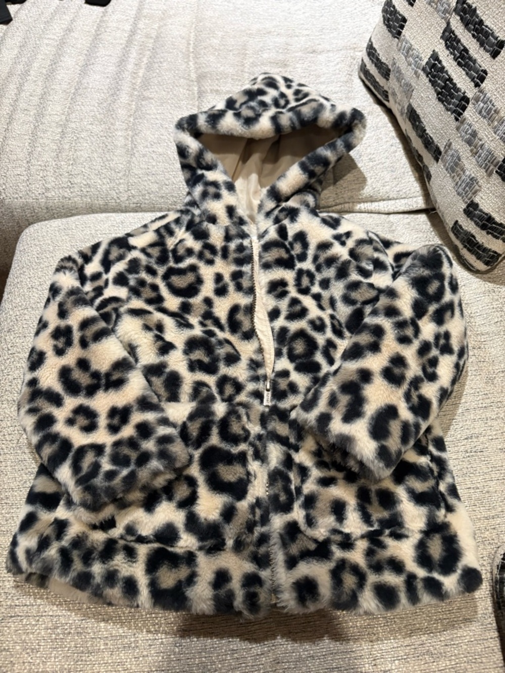 Old Navy Kids Faux Fur Leopard Hooded Jacket - Cream & Black